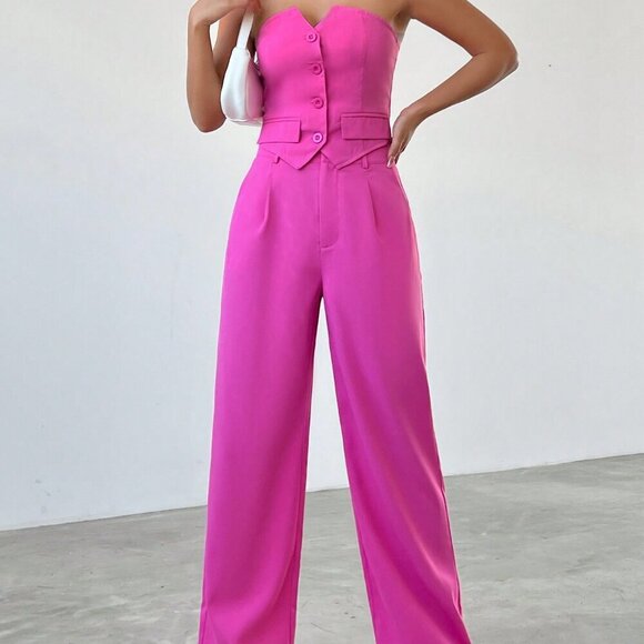 Hot Pink Casual Women's Strapless Button Up Top And Pants Set - Picture 1 of 6